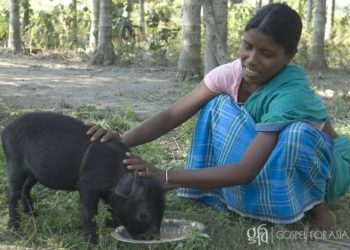 The gift the GFA-supported pastor held in his hands would change her life for the better. With tears of joy, she happily accepted the piglet.